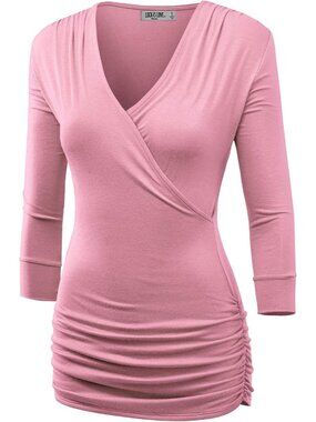 Women's T Shirts Pink V Neck 3/4 Sleeve Cross Front Casual Dress Summer Comfort